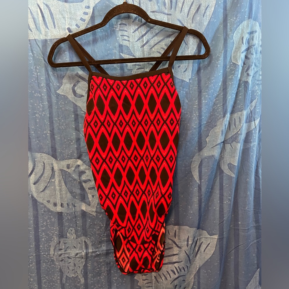 Speedo Red and Black Bodysuit with Geometric Design